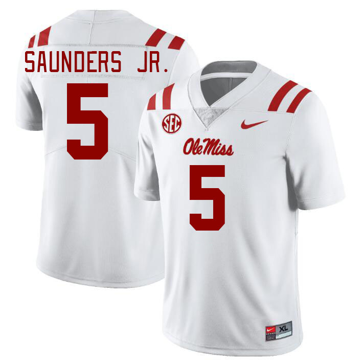 Men #5 John Saunders Jr. Ole Miss Rebels College Football Jerseys Stitched Sale-White - Click Image to Close